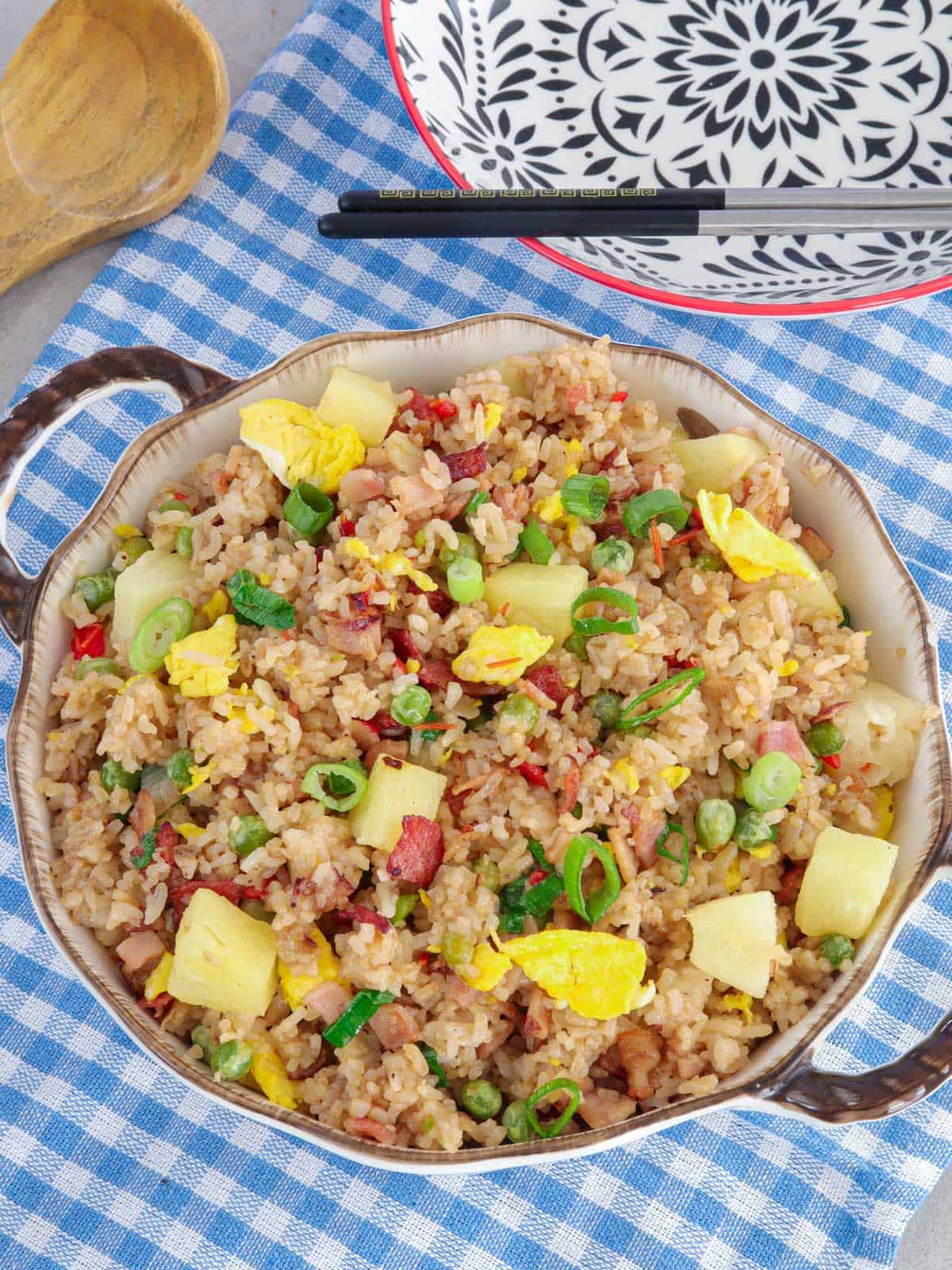 Hawaiian Fried Rice in a white serving bowl.