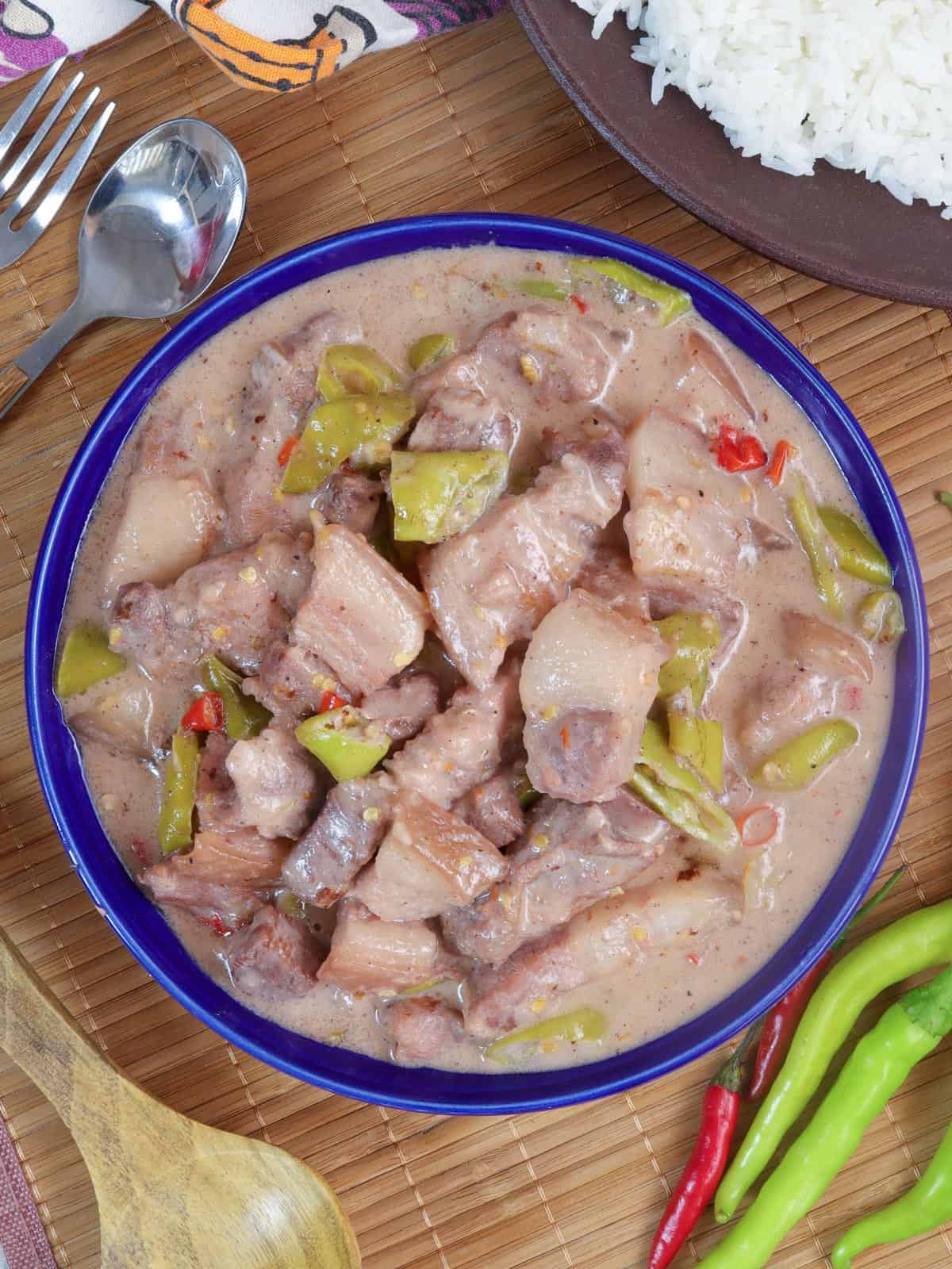 Bicol Express in a blue bowl.
